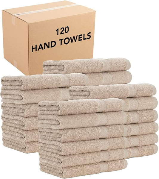 Arkwright True Color Solid Hand Towels - Bulk Case Set of 120 - Soft 100% Cotton Guest Bathroom Towel, Lightweight 475 GSM, Absorbent & Quick Dry, 16 x 27 in, Beige