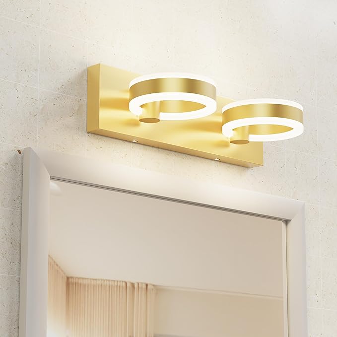 LED Bathroom Light Fixtures,15inch Gold Vanity Lights, Modern 2 Light Acrylic Wall Sconces, 350° Rotatable Wall Lighting Fixture Over Mirror