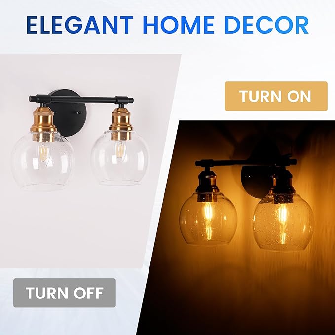 Bathroom Vanity Light Fixtures, 2-Light Bathroom Light Fixtures, Modern Bathroom Vanity Light Over Mirror with Seeded Glass Shade, Farmhouse Wall Sconces Lighting for Bedroom Hallway