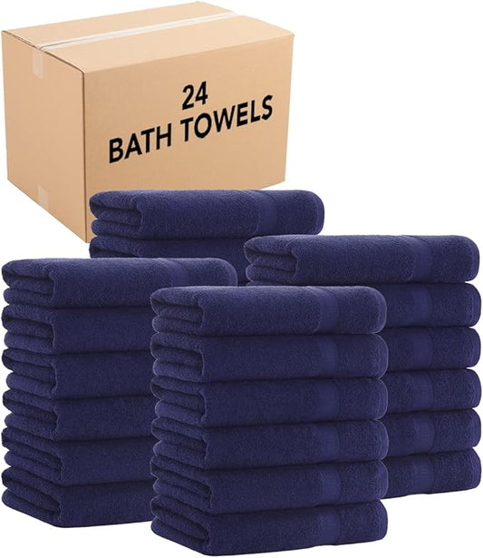 Arkwright True Color Solid Bath Towels - Soft 100% Cotton Bulk Bathroom Towel Set of 24 - Lightweight 475 GSM, Absorbent, and Quick Dry, 25 x 52 in, Navy