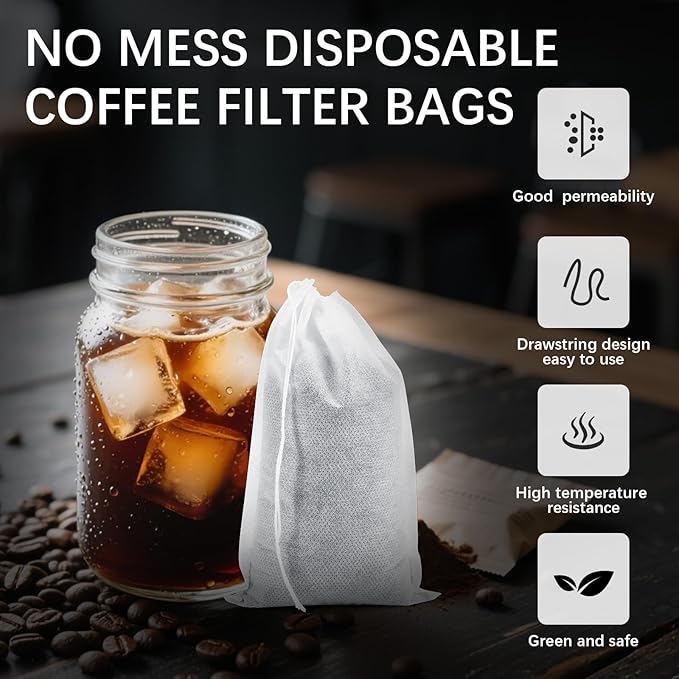 100 Pcs Cold Brew Bags 8x12 inch, No Mess Disposable Cold Brew Coffee Filter Pouches with Drawstring Large Empty Tea Bag for Loose Leaf Tea, Iced Coffee, Herbs, Spice, Home brewing, Hot pot