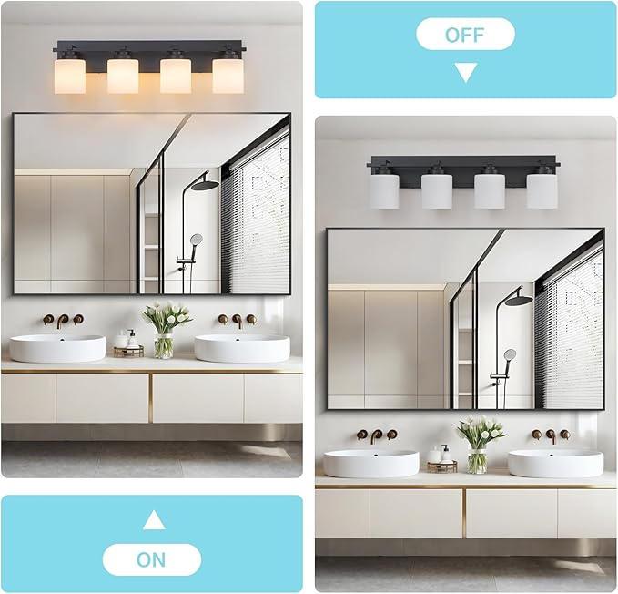 4 Light Modern Bathroom Light Fixtures Over Mirror, Black Vanity Lights for Bathroom Wall Sconces with Milky White Glass Shades, E26 Socket (Bulbs Not Included)