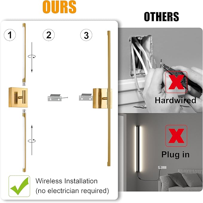 36 Inch Battery Operated Wall Sconces Set of 2, Dimmable Battery Wall Sconce with Remote Control, Gold LED Rechargeable Sconces, Modern Wireless Wall Lights for Bedroom, Living Room