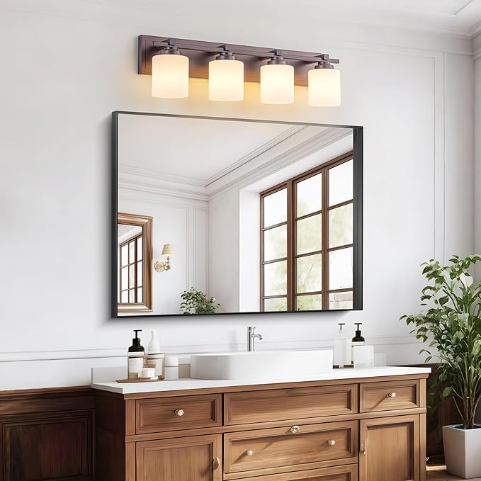 4 Light Modern Bathroom Light Fixtures Over Mirror, Bronze Finish Vanity Lights for Bathroom Wall Sconces with Milky White Glass Shades, E26 Socket (Bulbs Not Included)
