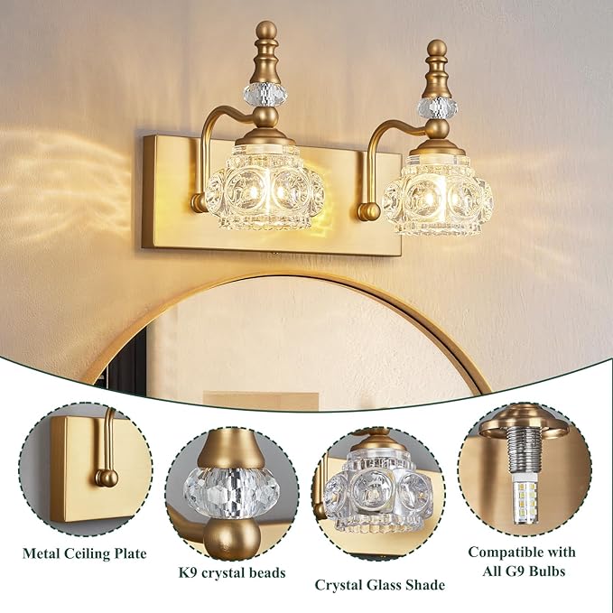 Modern Glass Crystal Vanity Light - Vintage Bathroom Lighting Fixtures Over Mirror, 2 Light Vanity Lights G9 Bulb (11.81 Inch,Brass)