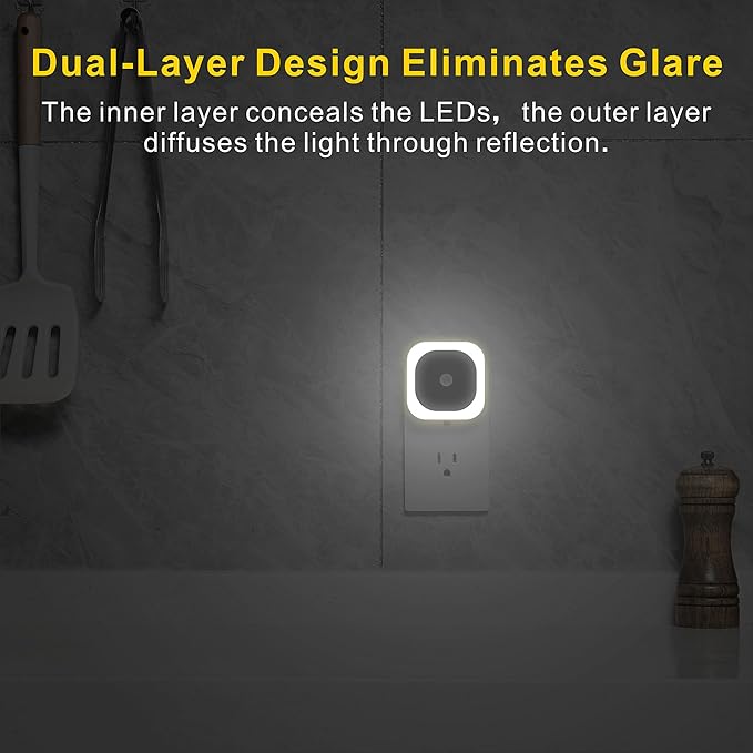 2 Pack Plug in Night Light with Motion Sensor & Dusk to Dawn Sensor, 3 Sensor Modes, Night Lights Plug into Wall, Auto ON/Off, Dimmable Nightlight for Bathroom, Stairs, Kitchen, Cool White
