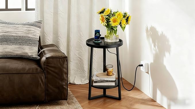 WLIVE Round End Table, 2 Tier Side Table with Charging Station, Round Nightstand with Storage Shelf, Small Spaces, Living Room/Bedroom, Wood Tabletop & Metal Frame, Black