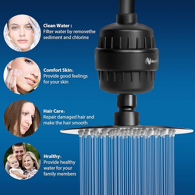 NearMoon Shower Head and 15 Stage Shower Filter Combo, High Pressure Filtered Shower for Hard Water, Improves the Condition of Your Skin, Hair (6 Inch, Black)