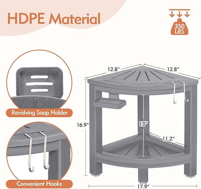 2-Tier Corner Shower Stool with Hooks & Soap Dish, HDPE Shower Bench for Shaving Legs, Wood-Like Shower Stool for Inside Shower with Non-Slip Foot Pads, Waterproof Shower Foot Rest (Grey)