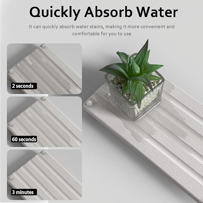 2 PCS Water Absorbing Stone Trays for Bathroom Counter, Fast-Drying Faucet Mat for Kitchen Sink, Diatomite Sink Caddy, Hand Soap Holder with Anti-Skid Feet (9.5" x 4.7" White)