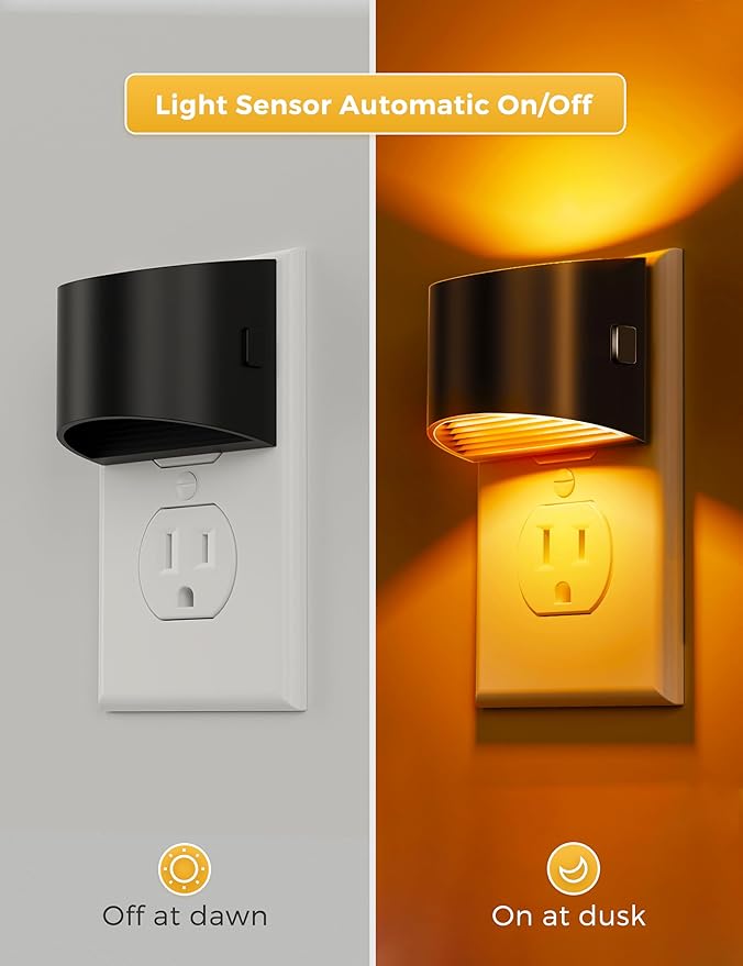 L LOHAS LED Night Light 2 Pack, Night Lights Plug into Wall, Dusk to Dawn Sensor Nightlight, 3 Level Brightness Adjustable, 1600K Amber Light, Mood Lighting
