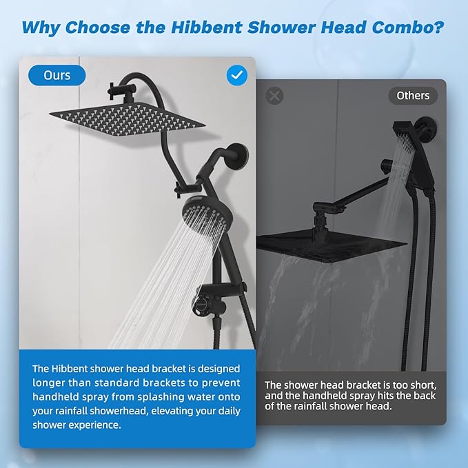 Hibbent Upgraded All Metal 10"Rainfall Showerhead Combo, High Pressure Shower Head with 10-Spray Mode Handheld, Innovative 4-way Diverter with Pause Mode, 71'' Shower Hose and Handheld Holder, Black