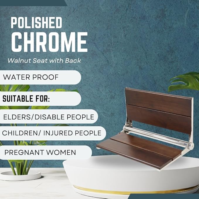 Folding Shower Seat Wall Mounted with Back | 500 lbs Maximum Load Capacity | ADA Compliant Safety Assist Teak Shower Seat for Seniors, Handicapped, and Children | 304 Stainless Steel Frame | 18” x 16”