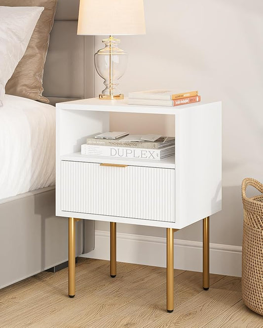 Masupu Nightstand,Mid-Century Modern Bedside Table with Storage Drawer and Open Wood Shelf,Small Gold Frame Side Table for Bedroom,Living Room,White