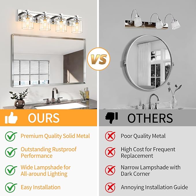 4 Light Modern Bathroom Light Fixtures Over Mirror, Chrome Vanity Lights for Bathroom Wall Sconces with Clear Glass Shades, E26 Socket (Bulbs Not Included)