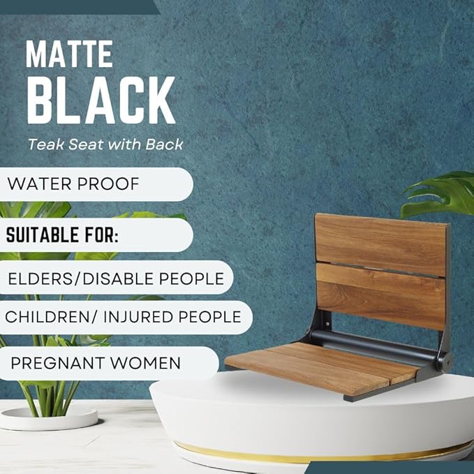 Teak Shower Seat - Type 304 Stainless Steel/Contoured 1" Natural Wood Slats/ADA Folding Wall Mount Bench/Matte Black / 18" x 16"