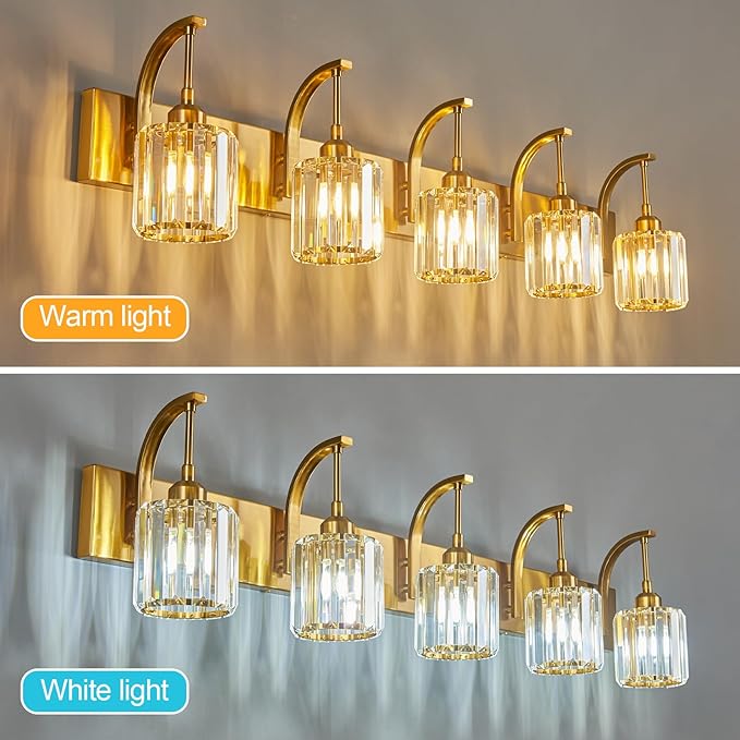 5-Light Crystal Vanity Light, Modern Gold Bathroom Wall Sconce with K9 Crystal Shades, 42.51" Long Over Mirror Lighting for Vanity, Makeup, Hallway, Elegant & Easy Installation