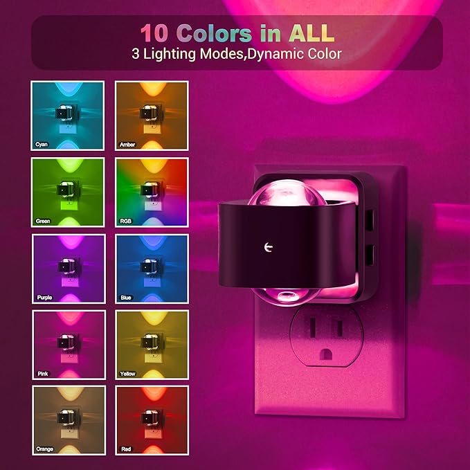 JandCase Night Lights Plug into Wall,10-Colored Changing Night Light for Kids, 2 Pack 180° Rotatable Plug RGB LED Nightlight with Dusk to Dawn Sensor for Halloween Decoration, Children Room,Party
