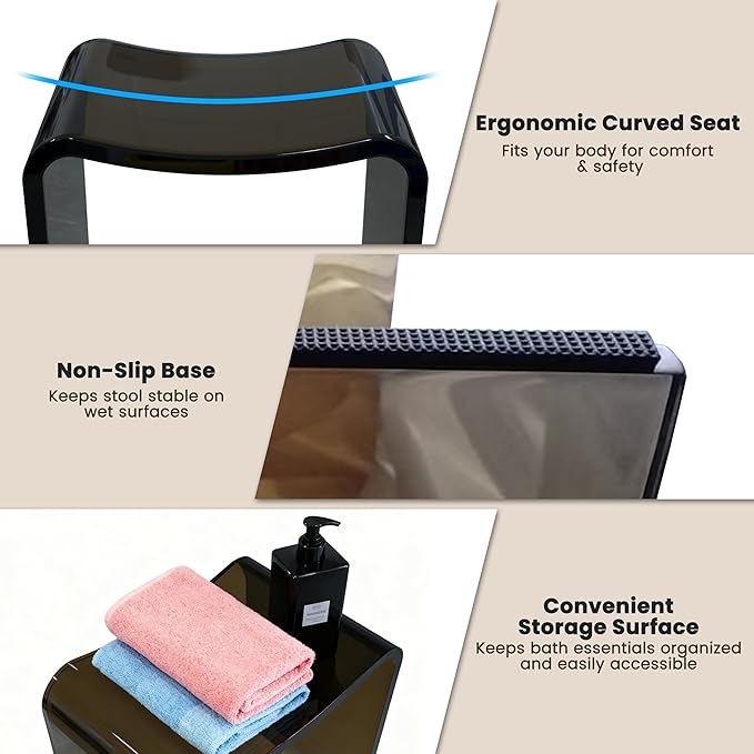 CASAINC Solid Surface Bathroom Stool Resin Shower Stool for Inside Shower Modern Transparent Black Waterproof Shower Bench with 400 lb Load Capacity, No Assembly