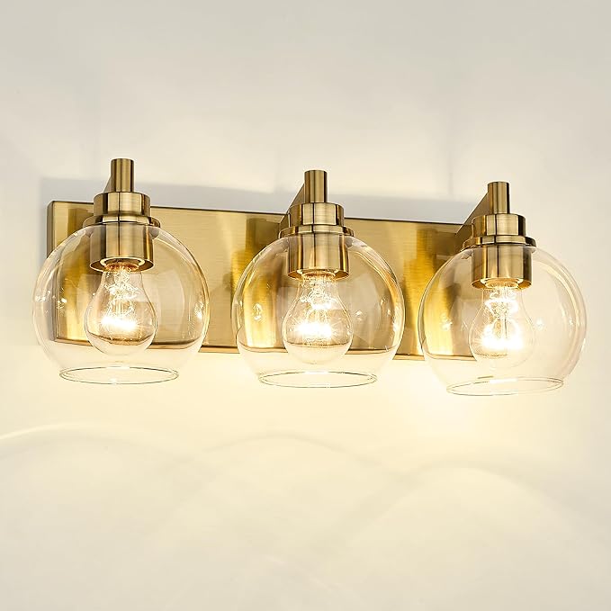 Bathroom Light Fixtures, 3-Light Brushed Gold Vanity Light, Modern Wall Sconces with Clear Glass Globe Shade, Bathroom Wall Lights for Mirror Kitchen Bedroom Hallway Living Room, VL195-GD-3