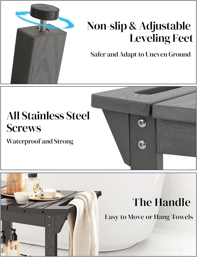 Waterproof Shower Bench, Poly Lumber Shower Stool for Shaving Legs, Shower Chair Seat with Storage Shelf and Handles, Bathroom Bench for Inside Shower, Non-Slip (Grey)