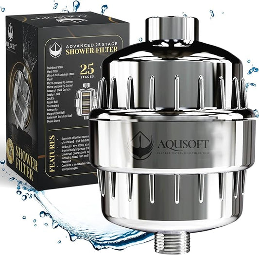 AQUSOFT 25-Stage Advanced Water Filter for Shower Head - Eliminates 99.9% Chlorine, Heavy Metals and Hard Water Impurities | Improves Skin, Reduces Eczema & Dandruff | Universal Fit Shower Head Filter