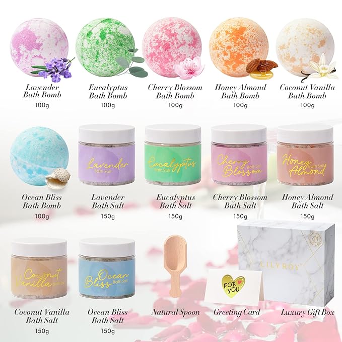 Luxury Christmas Gifts 15-Piece Floral 6 x 150g Bath Salt & 6 x 100g Bath Bomb Gift Set for Mothers Day Gifts, Bath & Body Gift Set for Women, Self Care Kit Elegant Box | Birthday Gifts