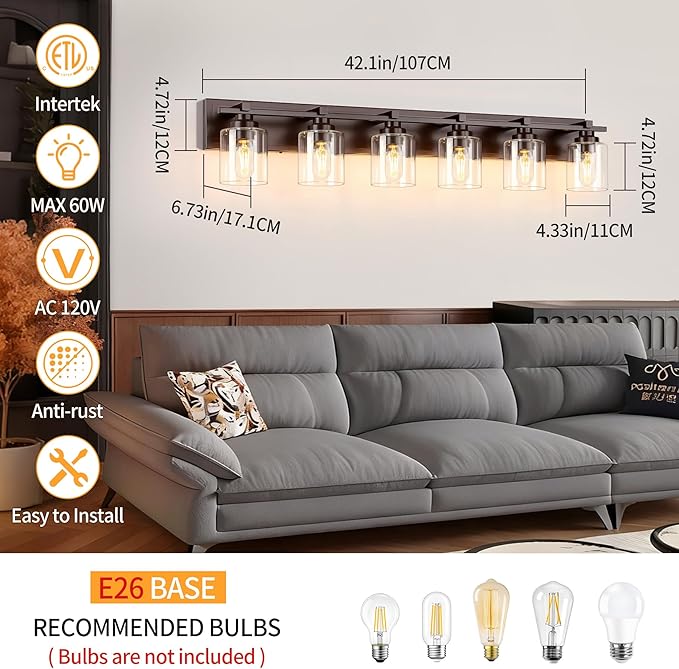 6 Light Modern Bathroom Light Fixtures Over Mirror, Bronze Finish Vanity Lights for Bathroom Wall Sconces with Clear Glass Shades, E26 Socket (Bulbs Not Included)