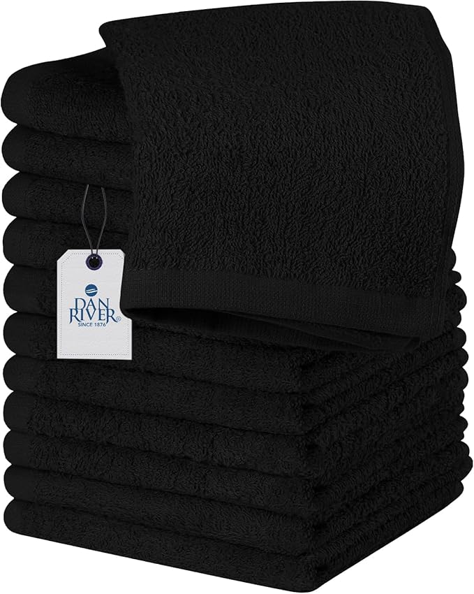 DAN RIVER 12 Pack Wash Cloths for Showering [12x12] - 100% Cotton Washcloths Premium Quality Flannel Face Cloths for Bathroom, Highly Absorbent and Soft Feel Wash Clothes, Black
