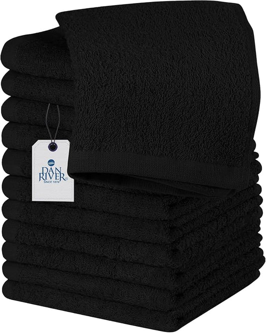 DAN RIVER 12 Pack Wash Cloths for Showering [12x12] - 100% Cotton Washcloths Premium Quality Flannel Face Cloths for Bathroom, Highly Absorbent and Soft Feel Wash Clothes, Black