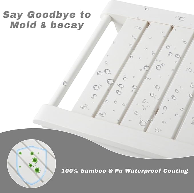 Bamboo Shower Bench Stool,24" Shower Chair Seat Non-Slip,Waterproof Bathroom Bench with Storage Shelf for Adults,Elderly, Disabled Indoor&Outdoor Use (White)