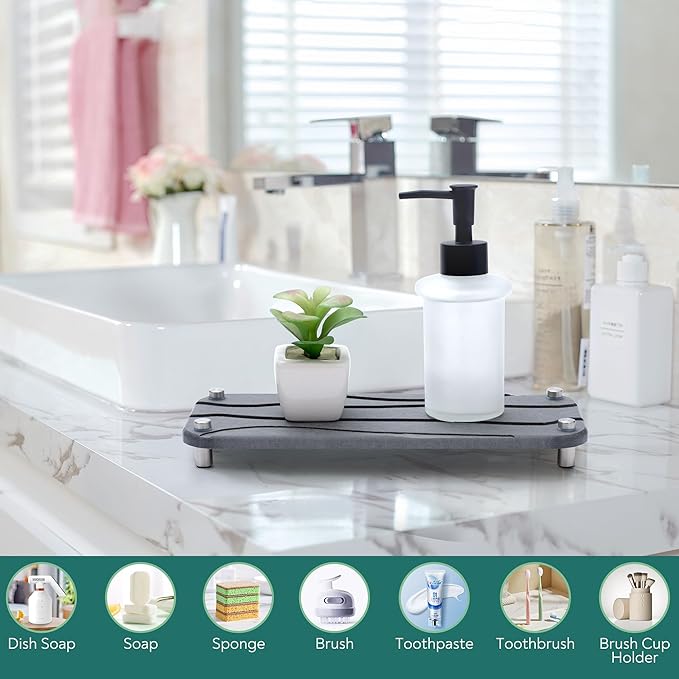 2 PCS Quick Drying Stone Tray for Bathroom Counter- Water Absorbing & Fast Drying in Seconds - Kitchen Sink Caddy Organizer for Countertop as Sponge Holder (Gray and Dark Gray)