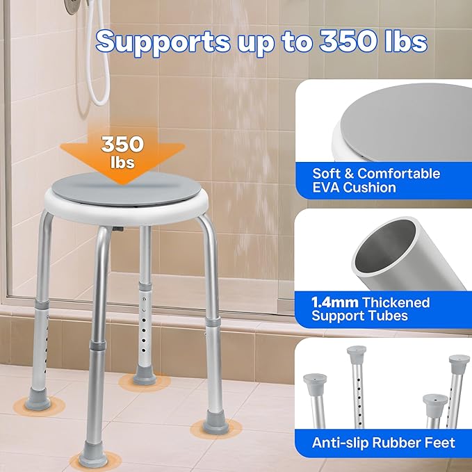 360° Swivel Shower Seat, FSA/HSA Eligible, 6-Height Adjustable Bath Stool with Non-Slip Seat & Rubber Tips, Easy Assembly, Ideal for Seniors, Handicap, Pregnant – 350 lbs Capacity