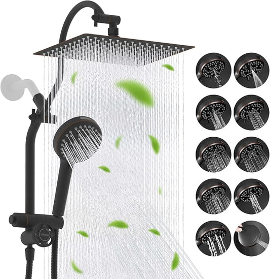 Hibbent Upgraded All Metal 12" Rainfall Showerhead Combo, High Pressure Shower Head with 10-Spray Mode Handheld, 4-way Diverter with Pause Mode, 71'' Shower Hose and Handheld Holder, Oil Rubbed Bronze