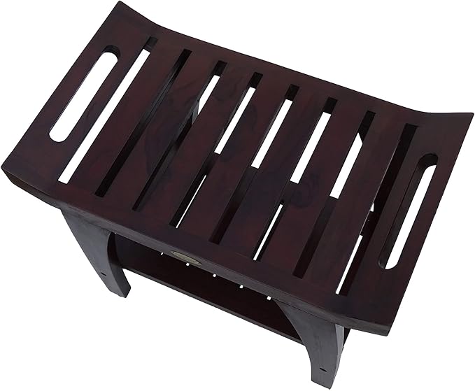 DecoTeak Tranquility 24 Inch Brown Waterproof Teak Wood Shower Bench Stool Seat Chair for Inside Shower Provides Safety, Storage, and Organization for Bathroom Accessories