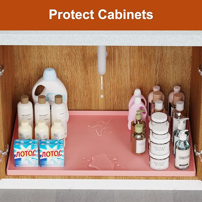 34" x 22" Heavy Duty Waterproof Silicone Mat with Raised Edge, Under Sink Mat for Kitchen & Bathroom, Kitchen Cabinet Liner, Multi-Purpose for Storage & Protection, Pink