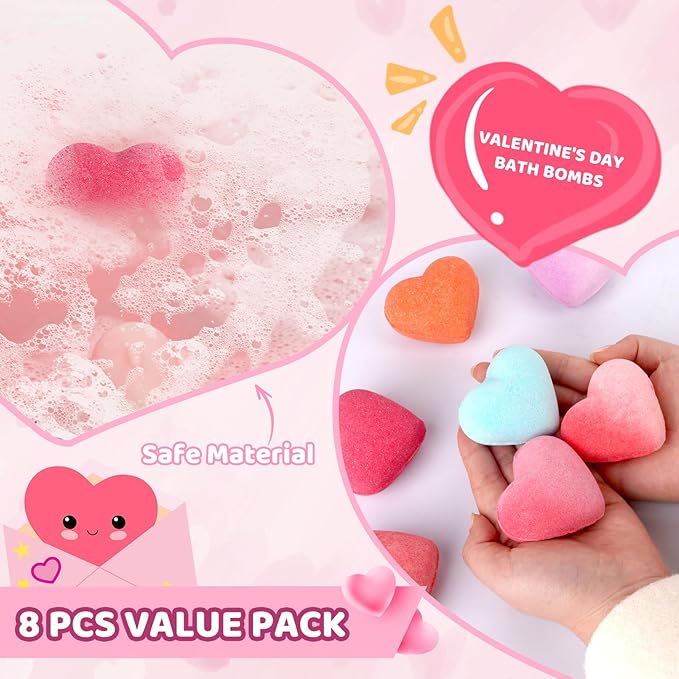 Valentine's Day Bath Bombs - 8PCS Bath Bomb for Women,8 Coloured Heart Shape,Valentine's Day Gifts for Girls Mom Family
