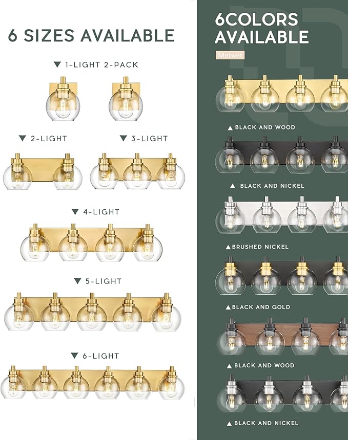 Bathroom Light Fixtures, 5 Light Brushed Gold Vanity Light, 32 Inch Modern Wall Sconces with Globe Clear Glass Shade, Vanity Lighting Fixtures Over Mirror, VL195-BG-CL-5