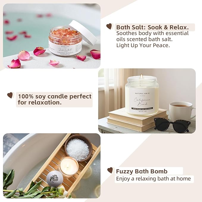 Natural Amor Spa Gift Set for Women – 6 PCS Self Care Relaxation Kit with Handmade Soap, Bath Bomb & Candle, Christmas Holiday Gift Box for Her, Ready-to-Gift Spa Set for Mom Wife Sister