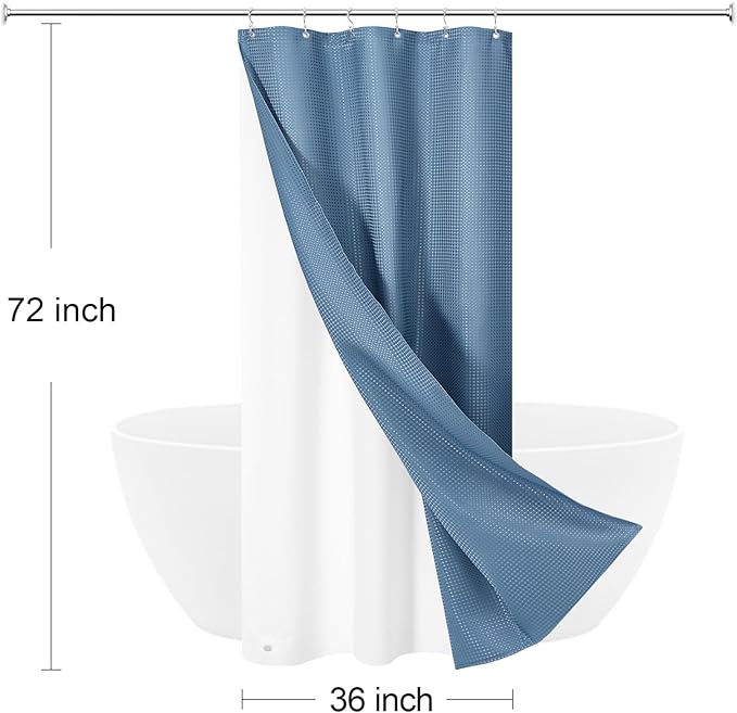 3 in 1 Stall Half Size Moonlight Blue Shower Curtain Set-36 W x 72 H, Modern Waffle Waterproof Fabric and PEVA Liner Set with Stainless Steel Hooks