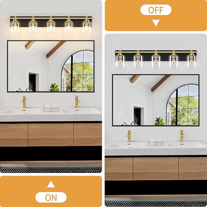 5 Light Modern Bathroom Light Fixtures Over Mirror, Black Gold Vanity Lights for Bathroom Wall Sconces with Clear Glass Shades, E26 Socket (Bulbs Not Included)