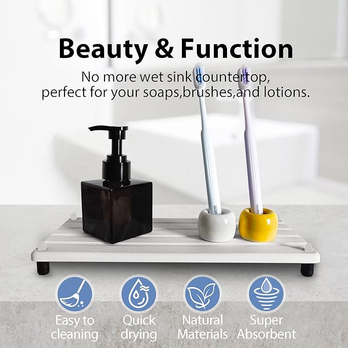 2 PCS Water Absorbing Stone Trays for Bathroom Counter, Fast-Drying Faucet Mat for Kitchen Sink, Diatomite Sink Caddy, Hand Soap Holder with Anti-Skid Feet (11" x 4.7" White)