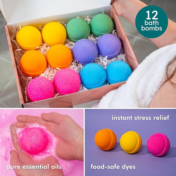 Natural Bath Bombs for Women & Men – Handmade in USA Gift Set with Essential Oils, Shea Butter & Epsom Salt – Non Toxic Spa Bath Bombs for Sensitive Skin – Anovina Relaxation Gift