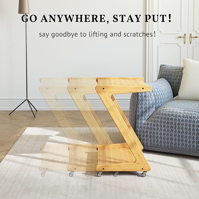 ZIYOO Z-Shaped End Table with Wheels, Natural Bamboo Couch Side Table That Slides Under Sofa/Bed, Mobile Snack Table for Living Room, Bedroom, Small Spaces
