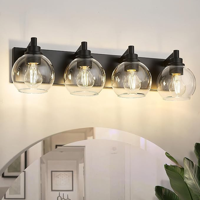 Bathroom Light Fixtures, 4 Light Matte Black Vanity Light, 26 Inch Modern Wall Sconces with Globe Clear Glass Shade, Vanity Lighting Fixtures Over Mirror, VL195-MB-CL-4