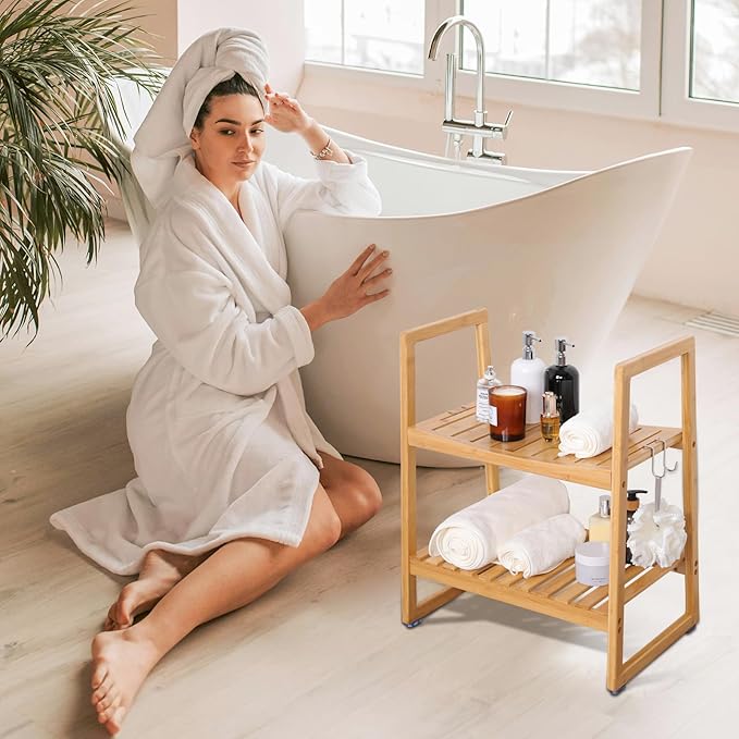 VVW 21.6 Inch Bamboo Shower Bench Seat Chair Stool with Arms for Inside Shower, Heavy Duty Spa Bath Chair with 2 Movable Hooks, Non-Slip Feet for Bathroom Accessories (Beige)