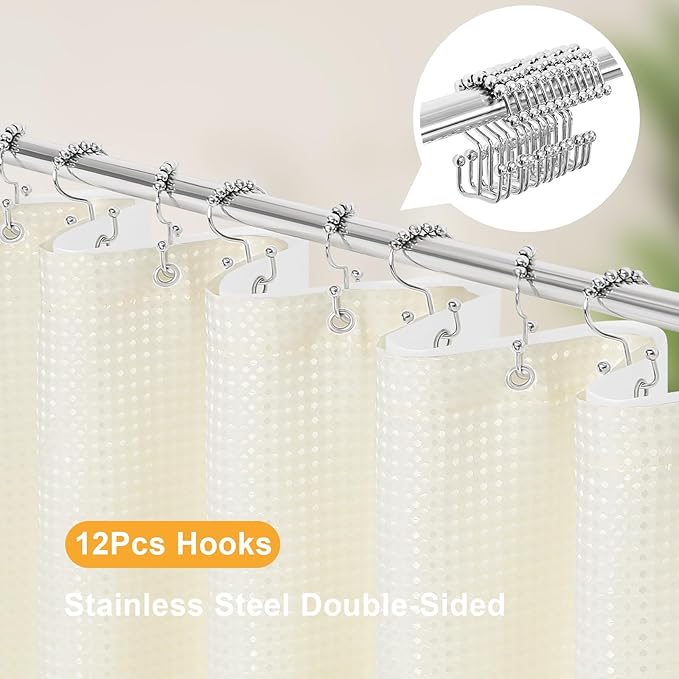 3 in 1 Extra Long Cream Shower Curtain Set-72 W x 84 H, Ivory Waffle and PEVA Liner Set with 12 Stainless Steel Hooks, Waterproof Fabric for Bathroom