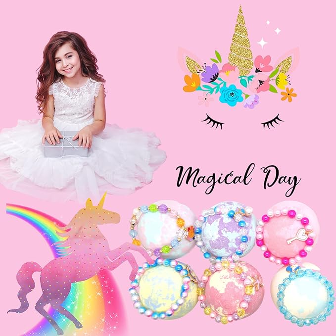 Unicorn Bath Bombs with Surprise Inside for Kids Girls, Bath Bombs Surprise Birthday Gifts Unicorn Gifts for Kids Girls with Jewelry Toys Inside