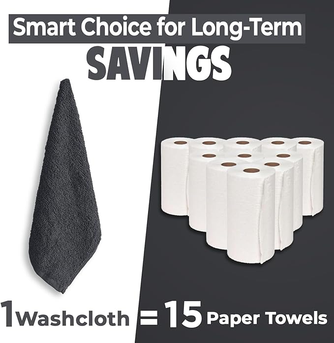 DAN RIVER 24 Pack Wash Cloths for Showering [12x12] - 100% Cotton Washcloths Premium Quality Flannel Face Cloths for Bathroom, Highly Absorbent and Soft Feel Wash Clothes, Charcoal