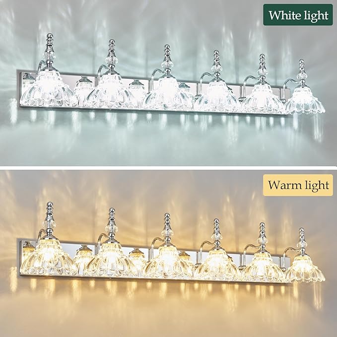 Vintage Bathroom Vanity Light, 6-Light Chrome Vanity Lighting Fixture with Flower Glass Shade, Bathroom Lighting Fixtures Over Mirror